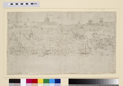 ビリングスゲートからタワーワーフ、「ロンドンのパノラマ」、1544年頃（ペンとインク、紙にチョーク） 作： Anthonis van den Wyngaerde